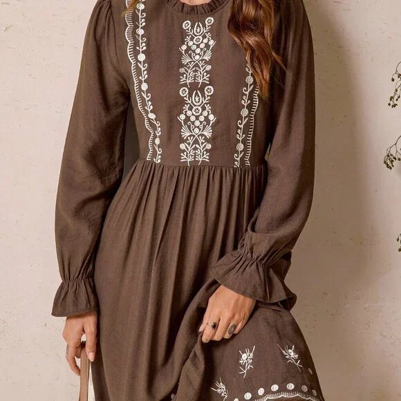 Coffee Brown Party Women's Frill Maxi Dress - Picture 4 of 7